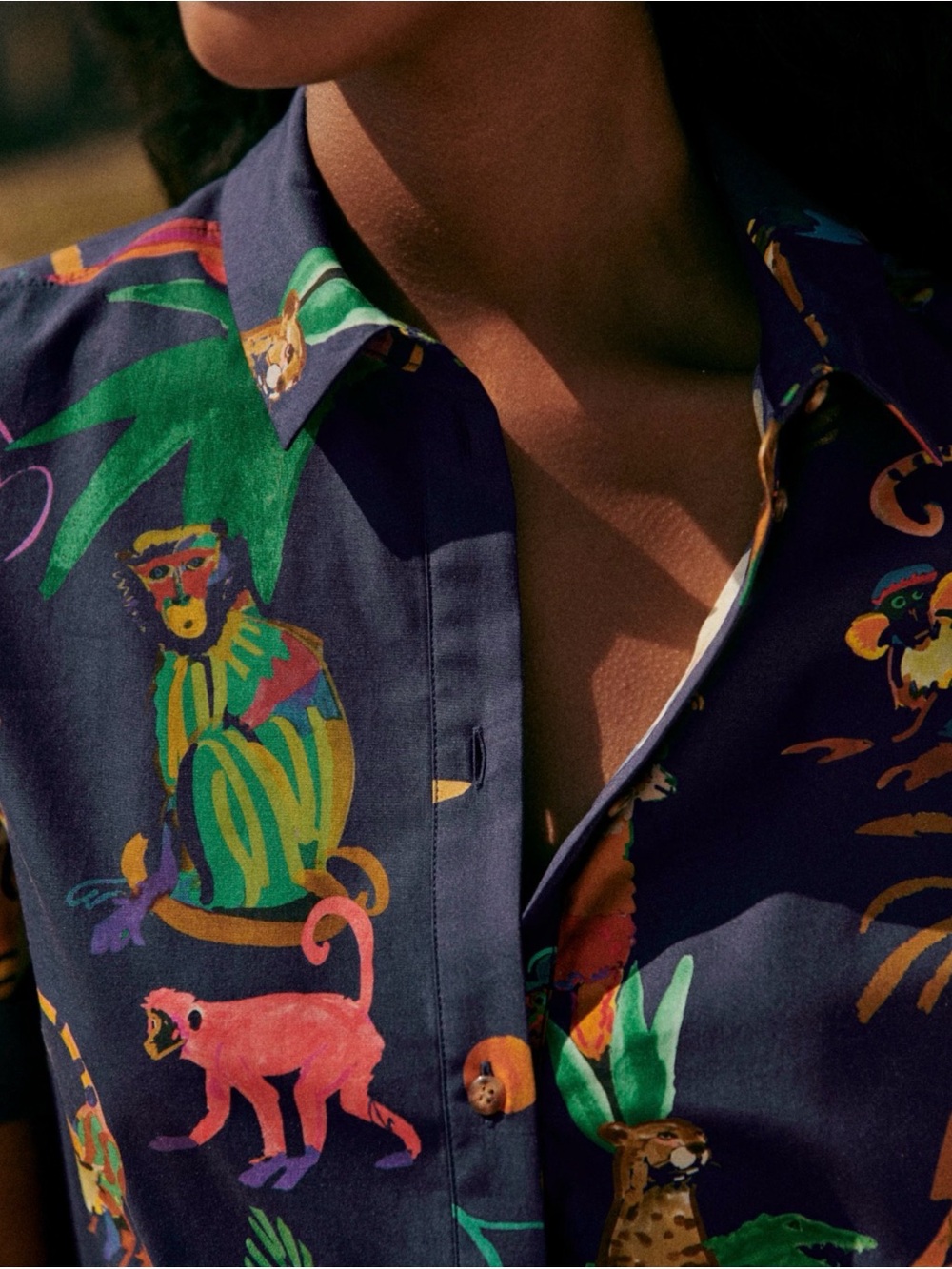 Sezane Navy Multicolor Jungle-Print Blouse